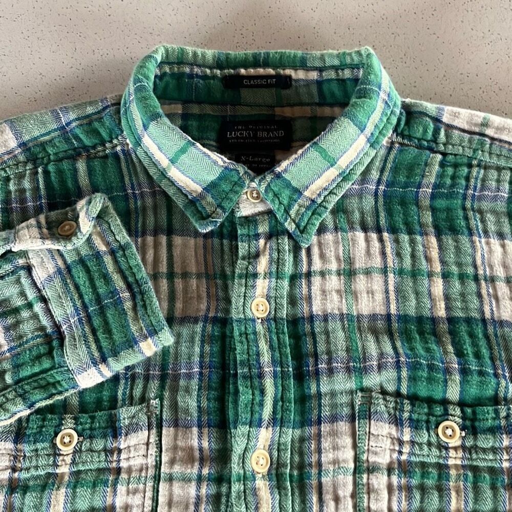Lucky Brand Green Plaid Veryical Textured Flannel Shirt Button Front Mens Large